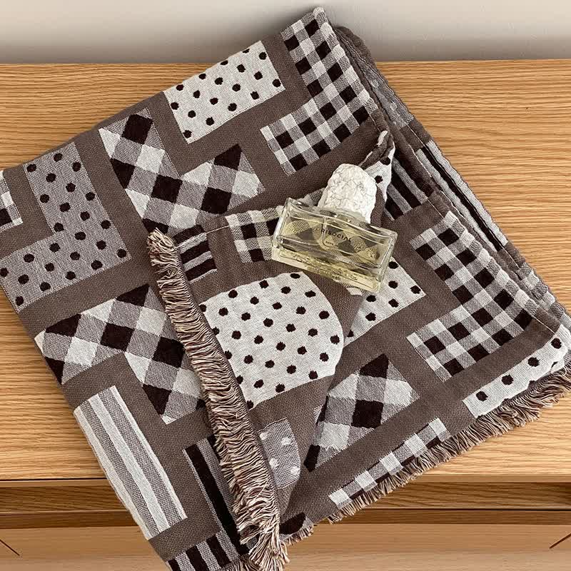 Plaid Polka Dots Pattern Four-layer Cotton Gauze Tassel Quilt
