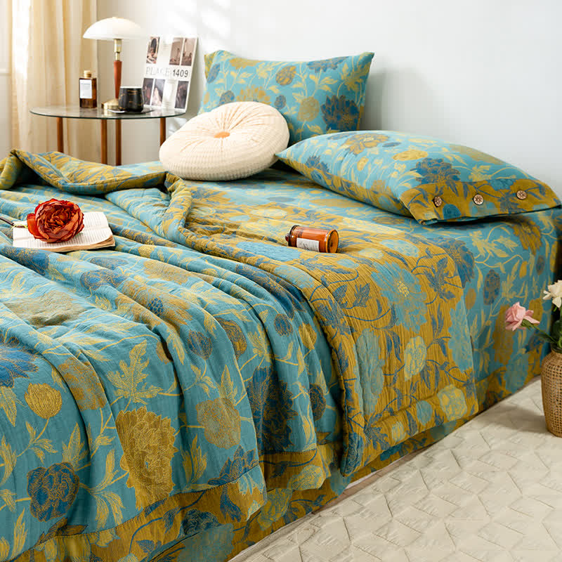 Floral Jacquard Cotton Quilt | Double-Layer Design | Full, Queen, King Sizes
