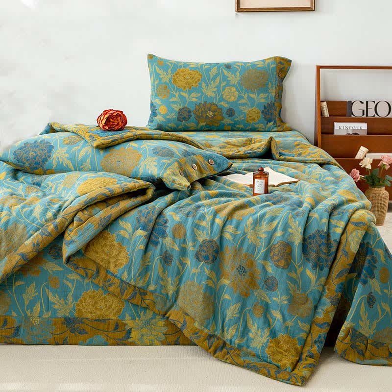 Floral Jacquard Cotton Quilt | Double-Layer Design | Full, Queen, King Sizes