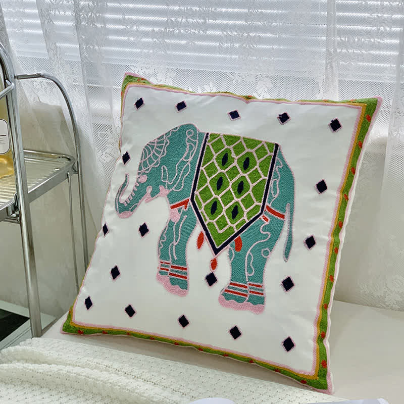 Elephant Embroidery Pillowcase | Soft Canvas | 18" x 18"