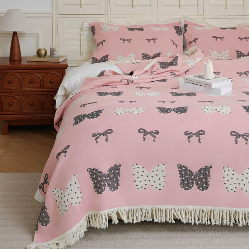 Butterfly Bowknot Pure Cotton Gauze Soft Tassel Quilt