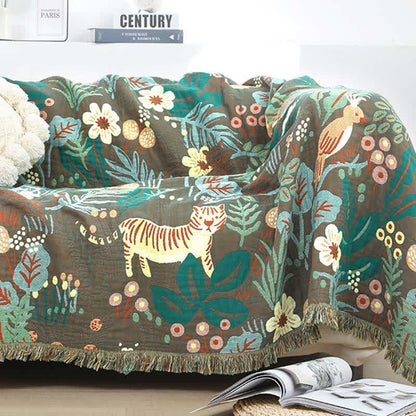 Cotton Gauze Blanket | Reversible Forest Tiger Design | 59" x 79"