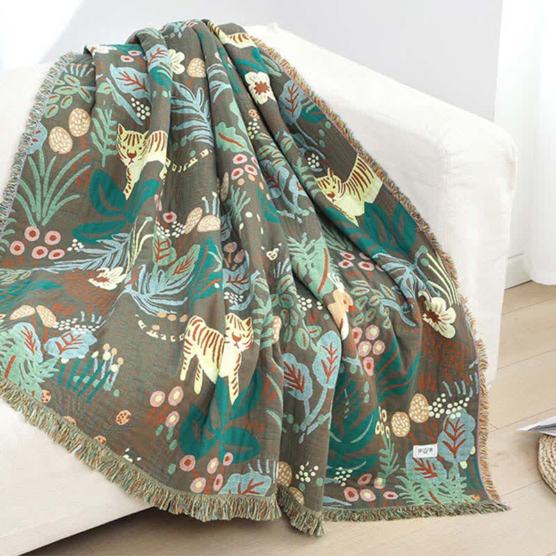 Cotton Gauze Blanket | Reversible Forest Tiger Design | 59" x 79"