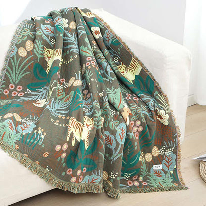 Cotton Gauze Blanket | Reversible Forest Tiger Design | 59" x 79"