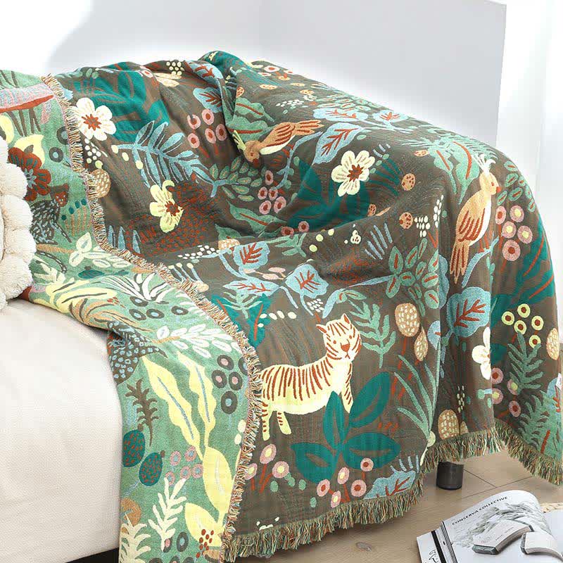 Cotton Gauze Blanket | Reversible Forest Tiger Design | 59" x 79"