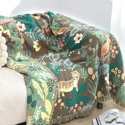 Cotton Gauze Blanket | Reversible Forest Tiger Design | 59" x 79"