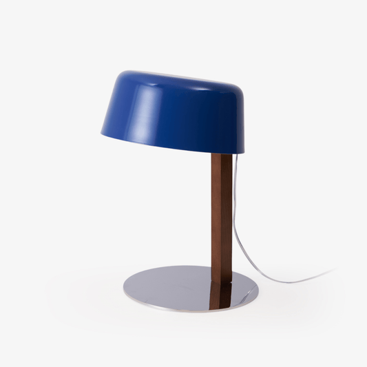 Dario Table Lamp | Wood & Chrome | Blue Shade