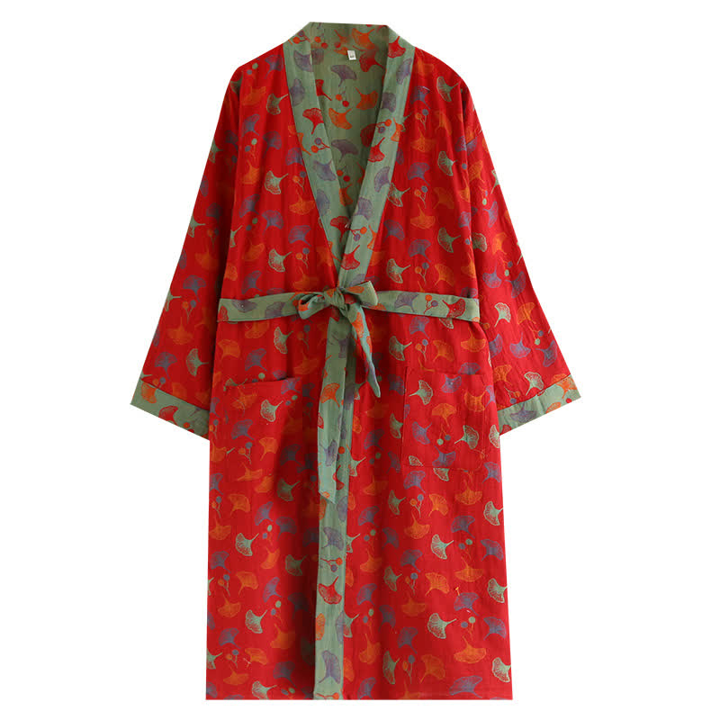 Cotton Yarn-dyed Ginkgo Leaf Print Bathrobe