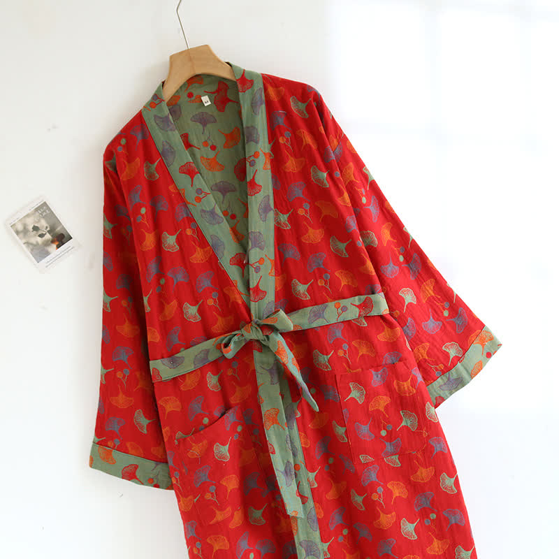 Cotton Yarn-dyed Ginkgo Leaf Print Bathrobe
