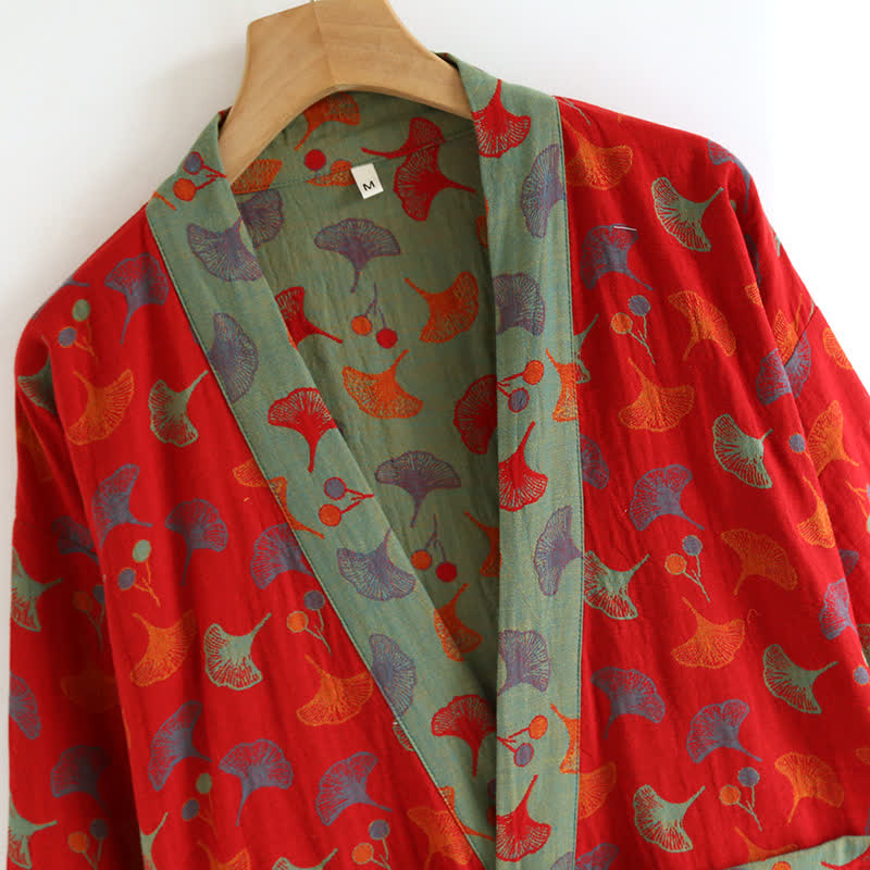 Cotton Yarn-dyed Ginkgo Leaf Print Bathrobe