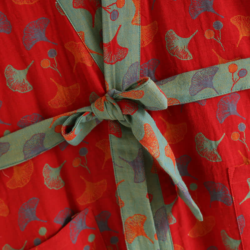 Cotton Yarn-dyed Ginkgo Leaf Print Bathrobe