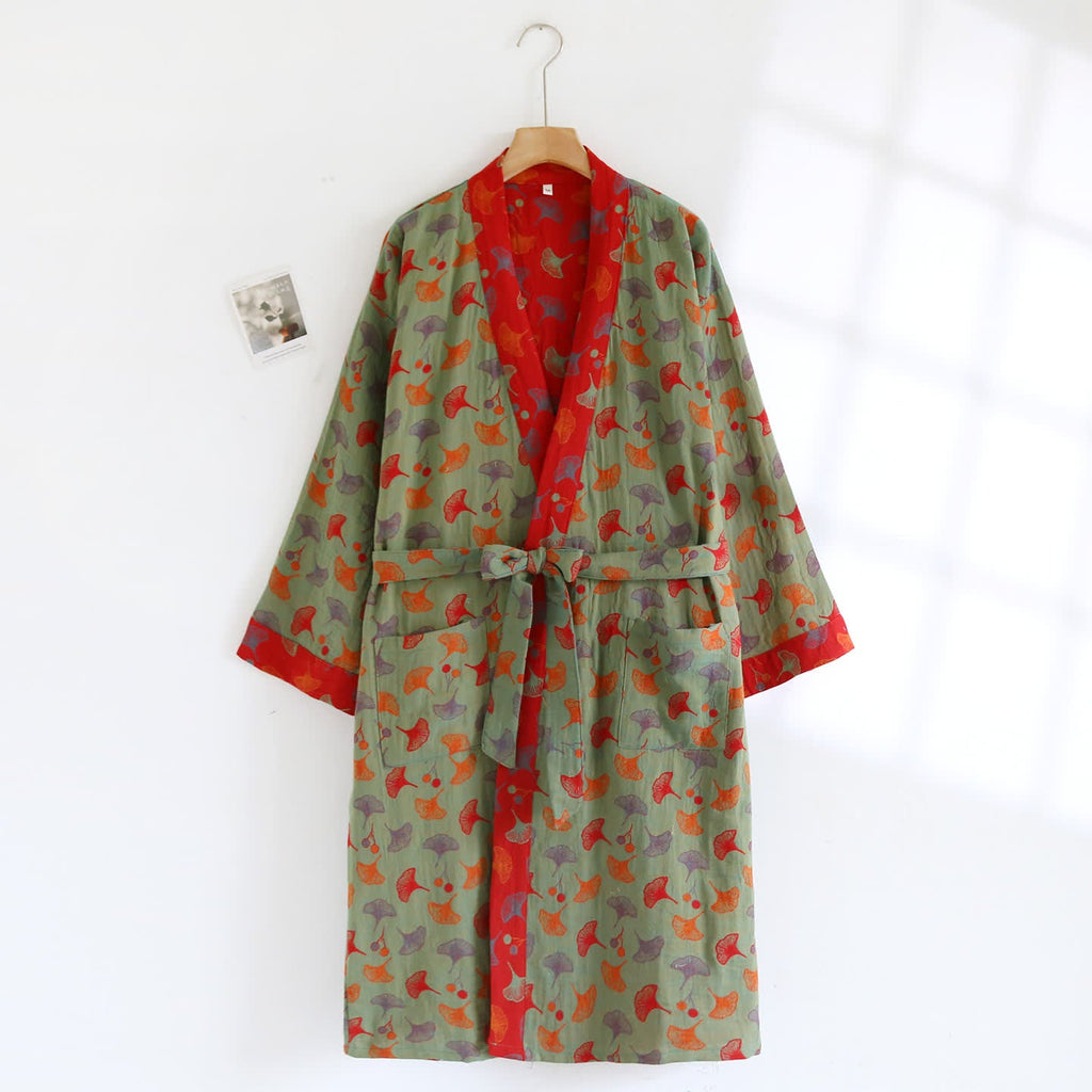 Cotton Yarn-dyed Ginkgo Leaf Print Bathrobe