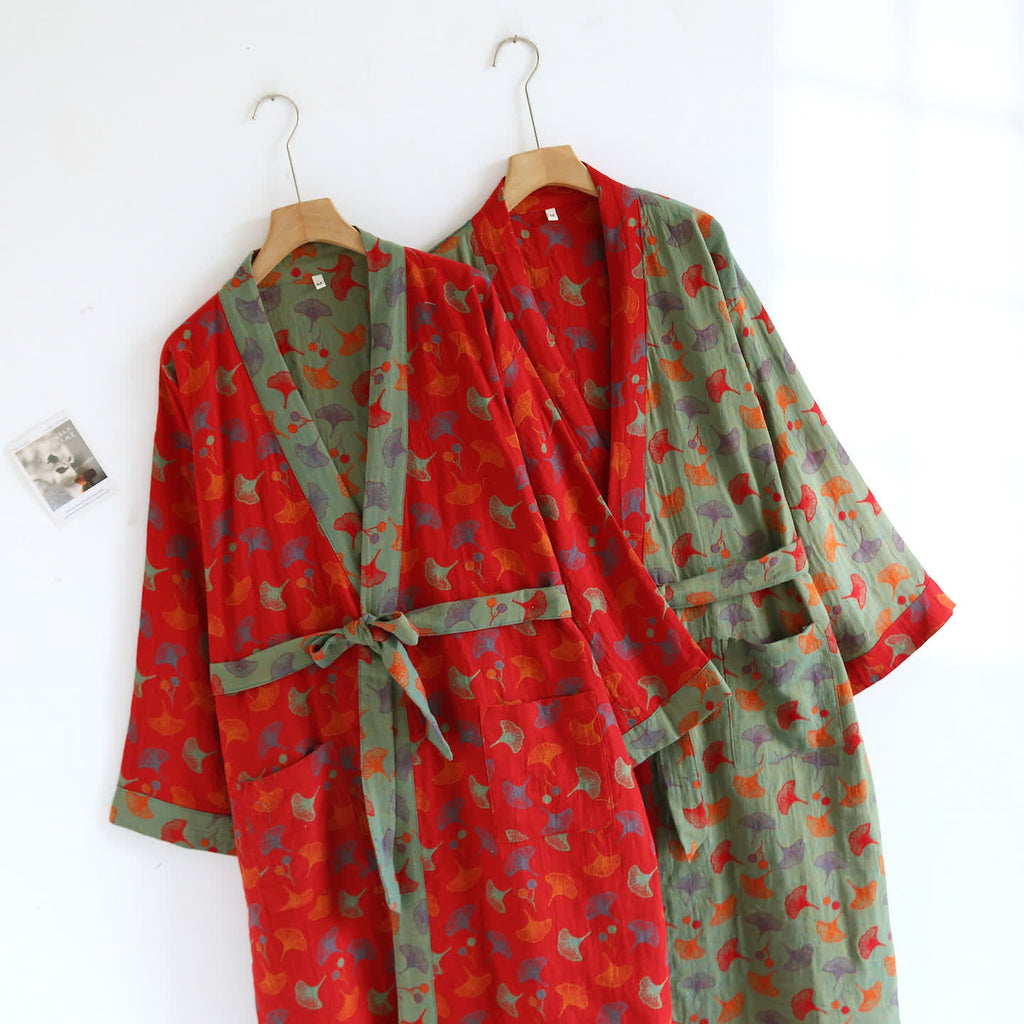 Cotton Yarn-dyed Ginkgo Leaf Print Bathrobe