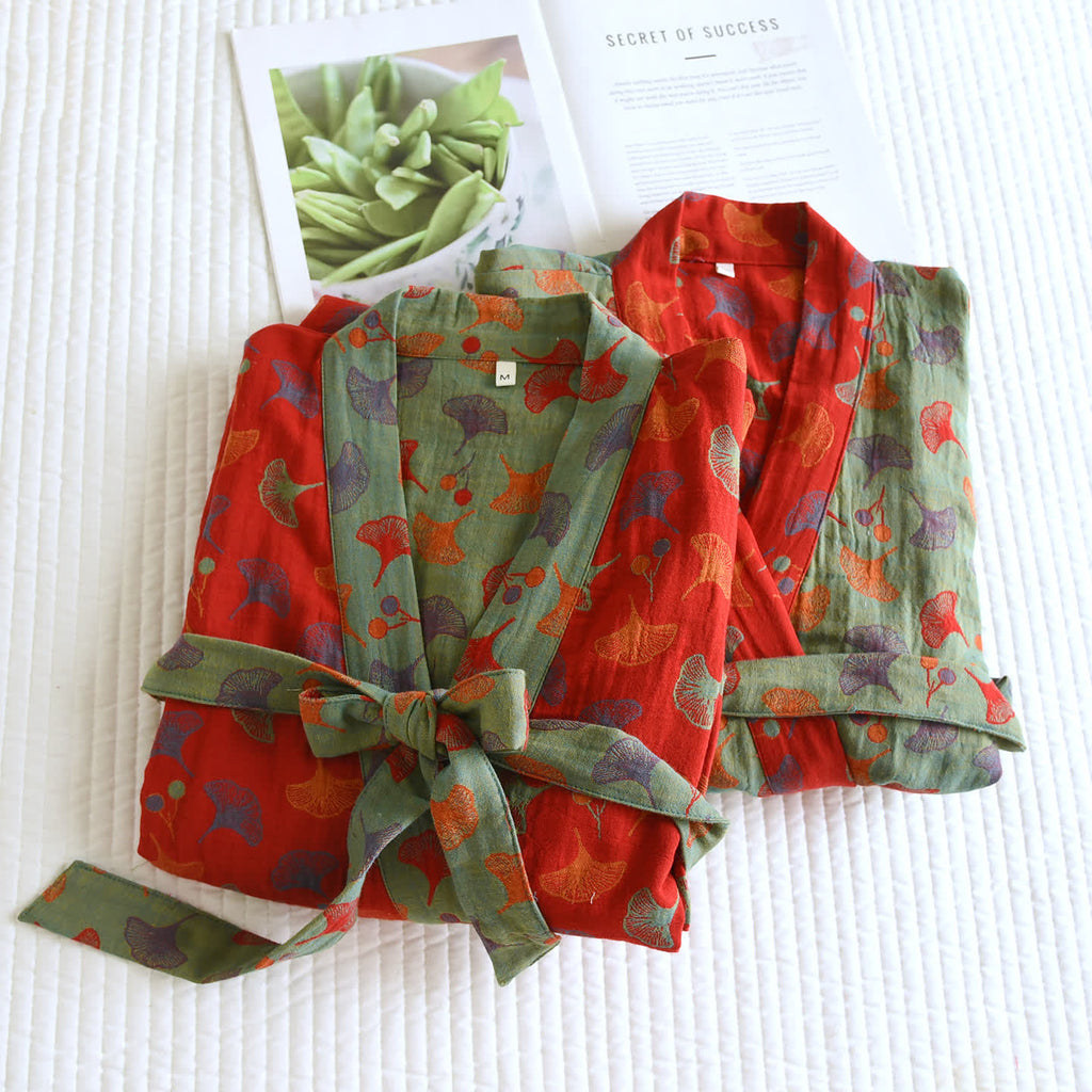 Cotton Yarn-dyed Ginkgo Leaf Print Bathrobe