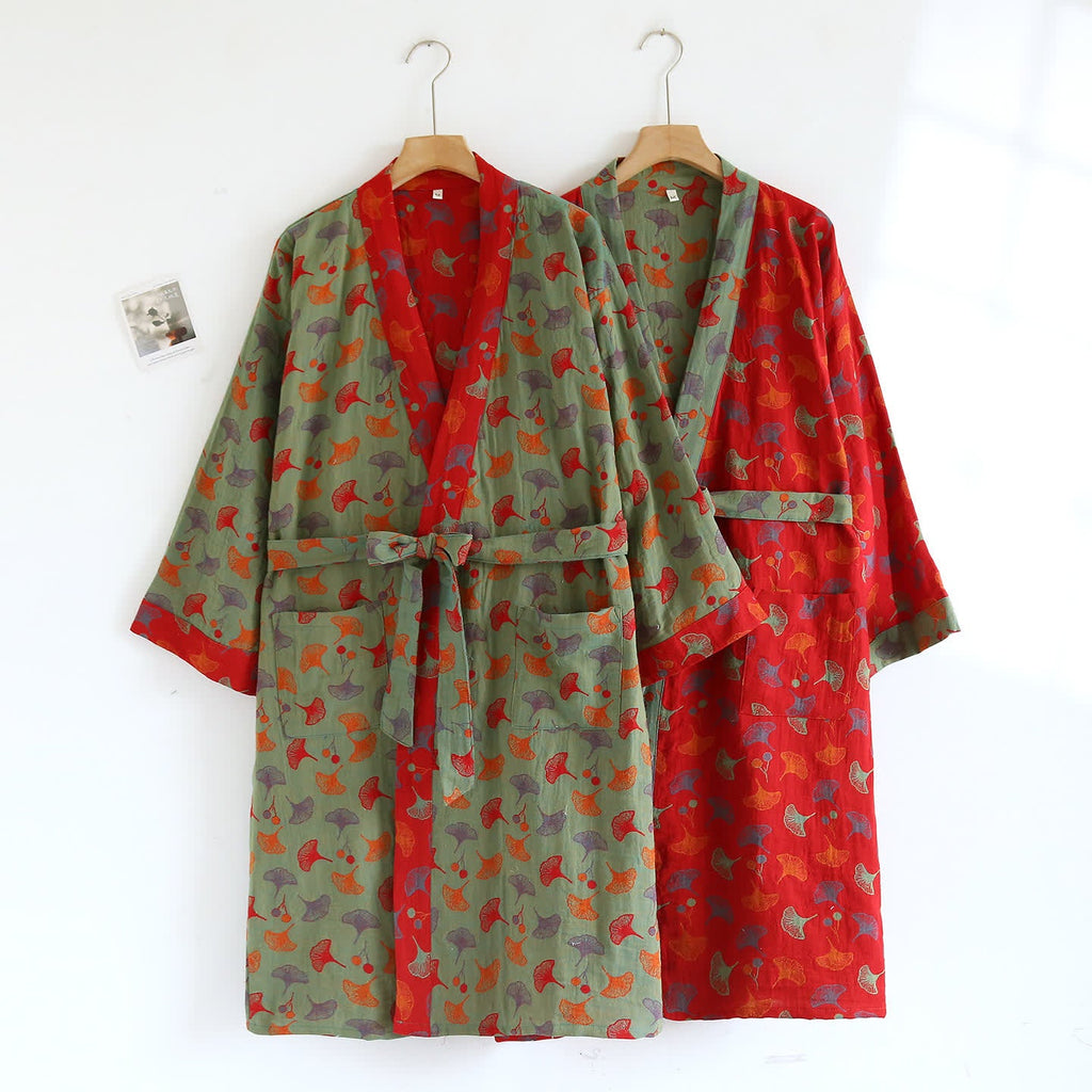 Cotton Yarn-dyed Ginkgo Leaf Print Bathrobe