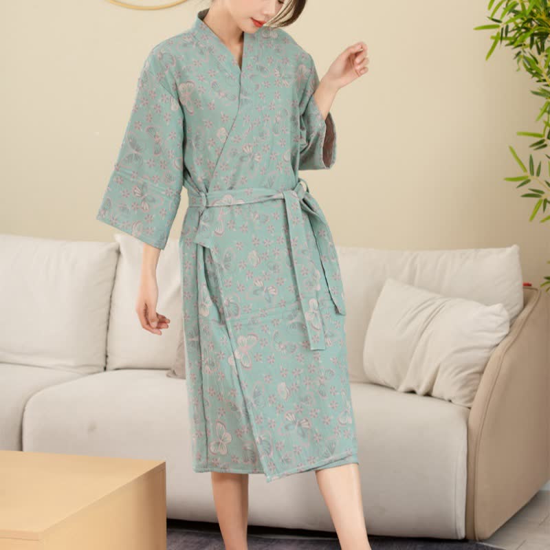 Floral Butterfly Bathrobe | Soft Cotton | Double-Layer Design