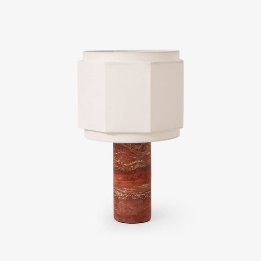 Terra Hexa Table Lamp | Red Travertine Base | White Fabric Shade