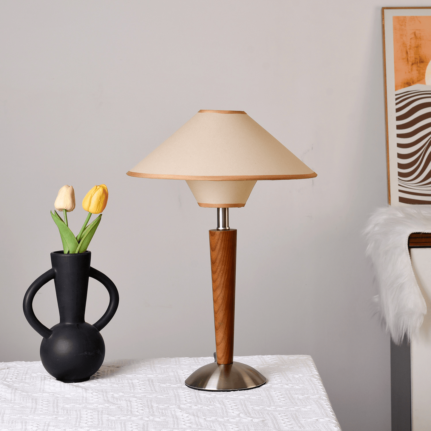 Talonwood Table Lamp | Walnut Wood & Fabric Shade | 30cm Diameter