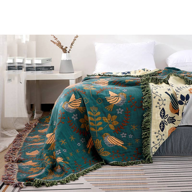 Boho Reversible Blanket | 100% Cotton | Floral and Bird Patterns
