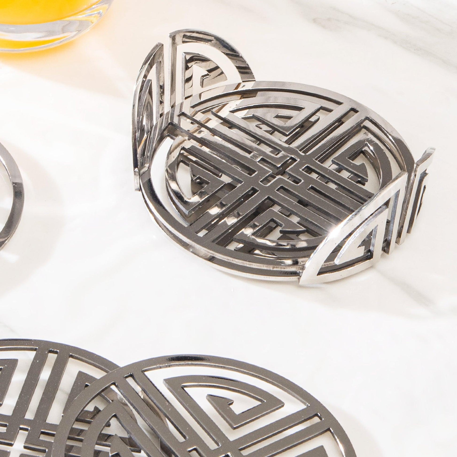 Steel Coaster Set | Elegant Round Design | Set of 4 with Stand
