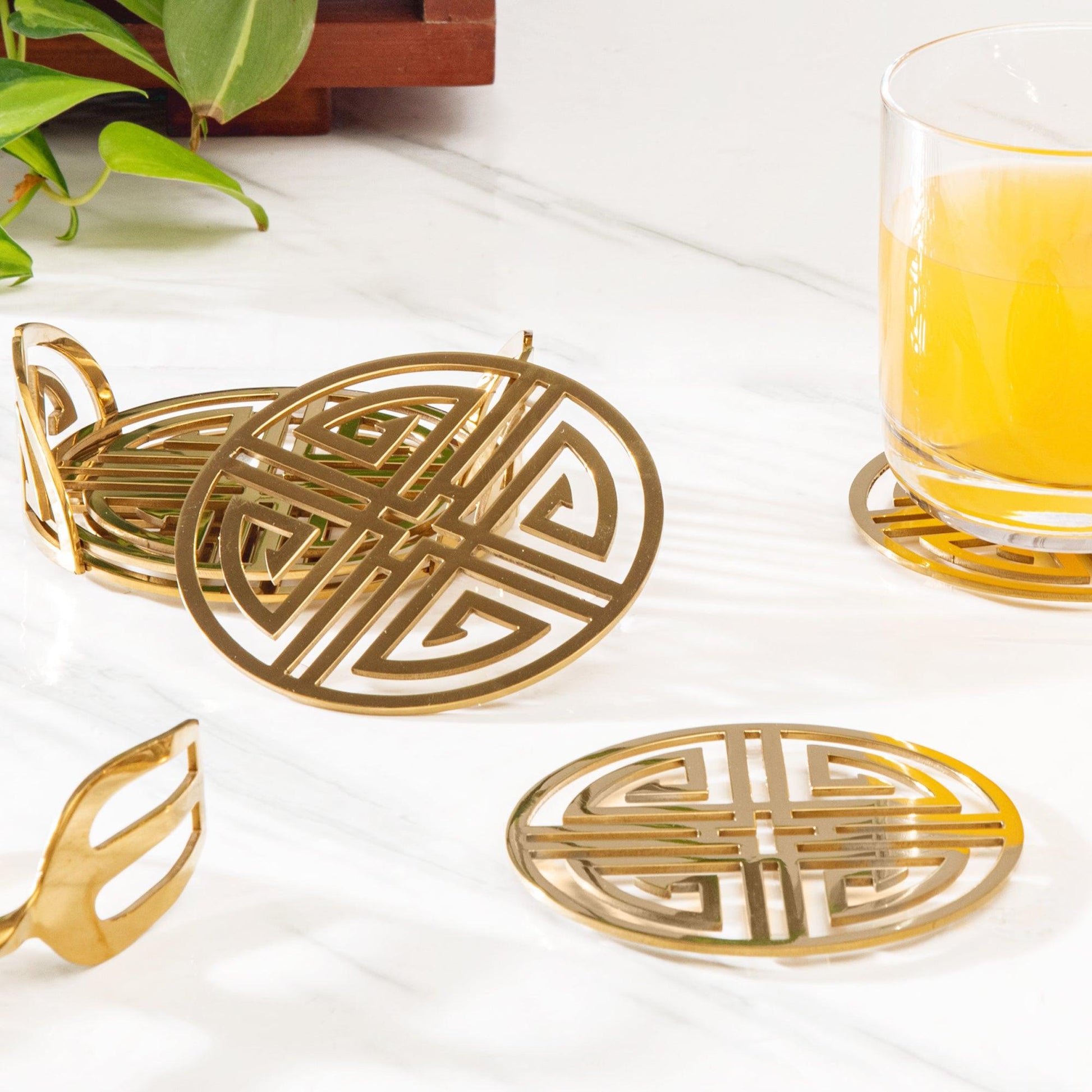 Steel Coaster Set | Elegant Round Design | Set of 4 with Stand