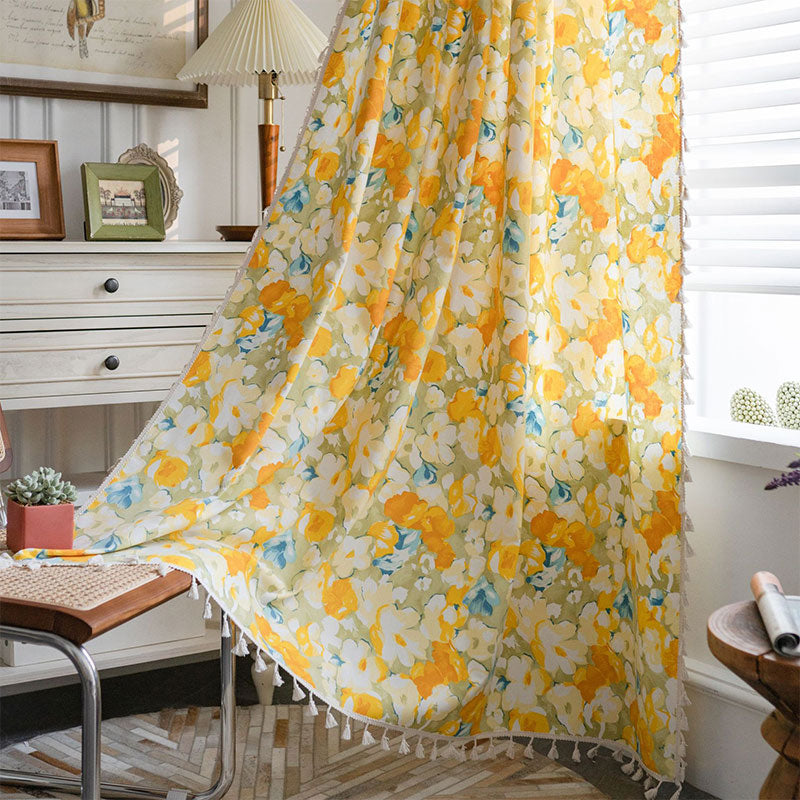 Yellow Flower Semi-Blackout Curtain | Cotton Linen | 1 Piece