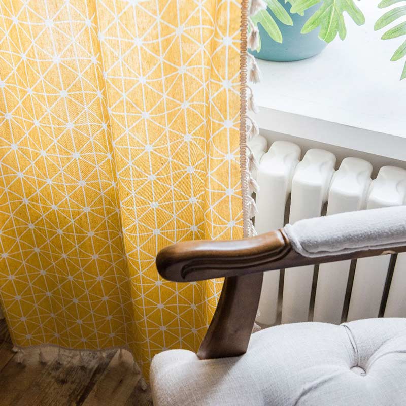 Yellow Plaid Semi-Blackout Curtains | Cotton with Tassels | 1 Piece