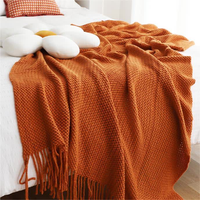 Knit Tassel Blanket | Soft Acrylic Fiber | Solid Color