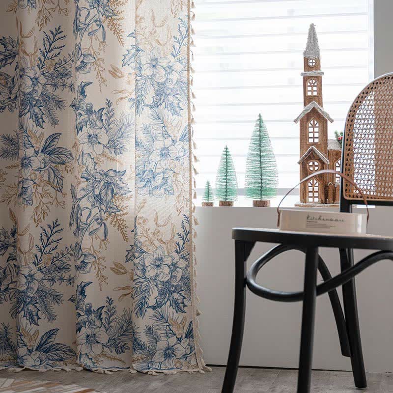 Blue Flower Semi-Blackout Curtain | Cotton and Linen | 1 Piece