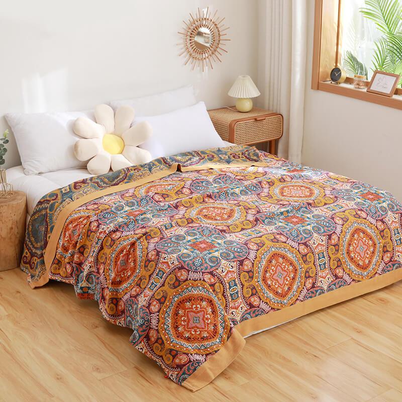 Reversible Cotton Quilt | Dark Orange Bohemian Design | Available in Full, Queen, King Sizes
