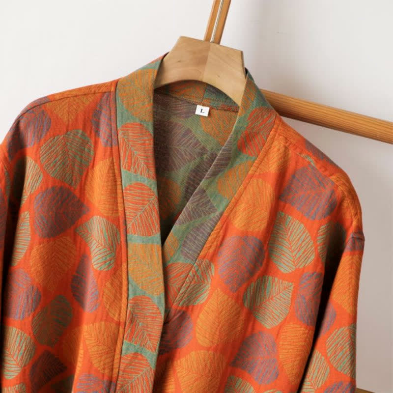 Cotton Gauze Bathrobe | Leaf Pattern | Adjustable Belt, Pockets