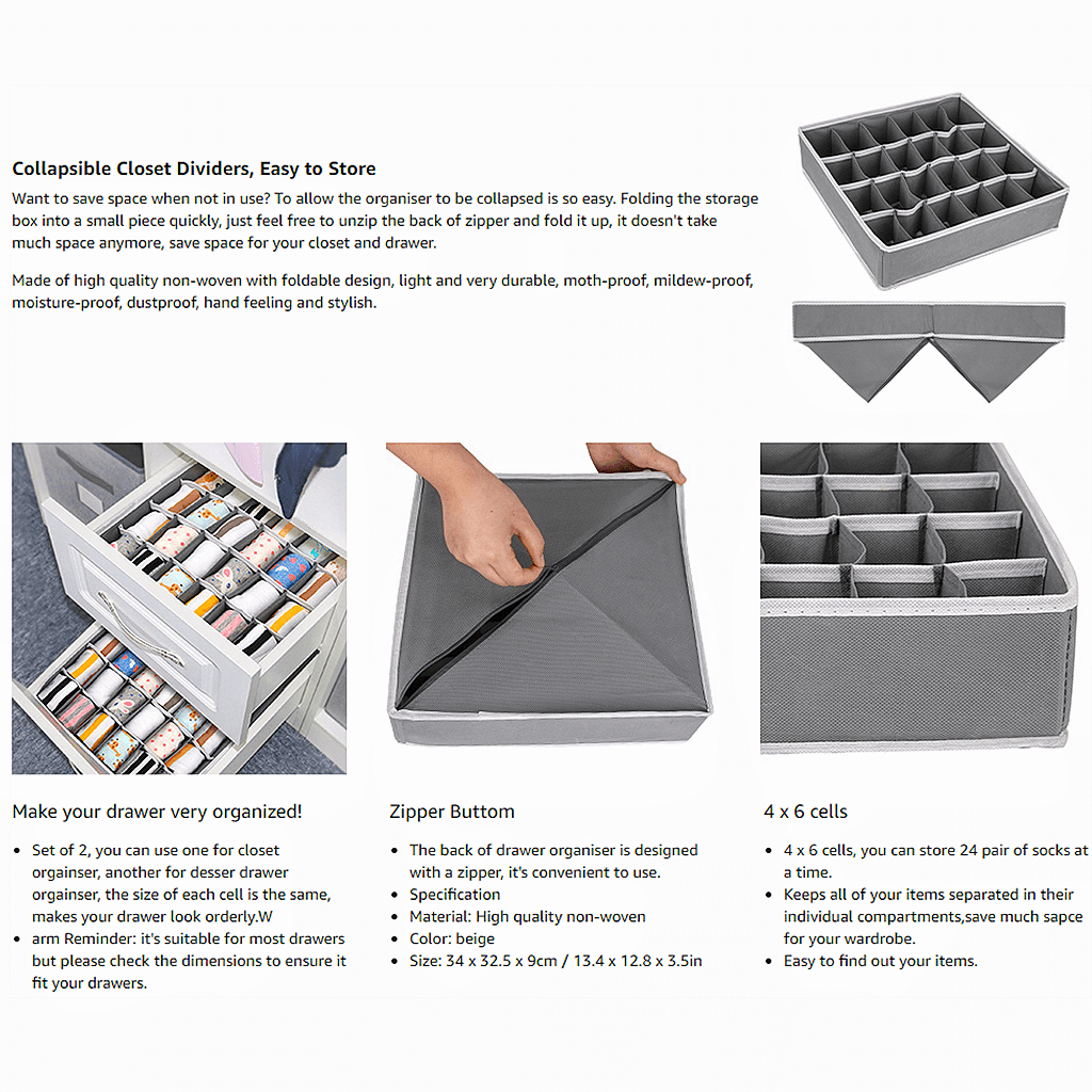 Drawer Organizers | Collapsible Storage Dividers | 24 Cell, 2 Pack, Beige