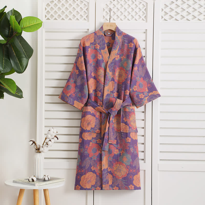 Cotton Gauze Bathrobe | Lightweight Floral Design | Vintage Style