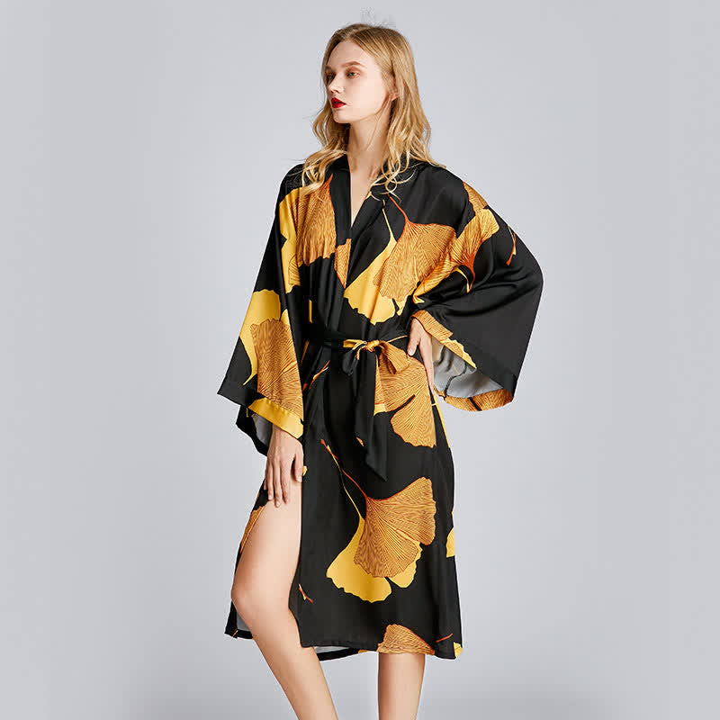 Ginkgo Leaf Bathrobe | Lightweight Polyester | Black and Gold