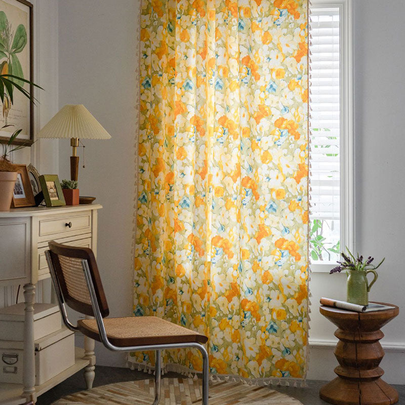 Yellow Flower Semi-Blackout Curtain | Cotton Linen | 1 Piece