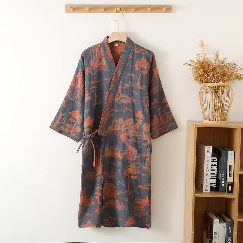 Natural Tree Print Bathrobe | Lightweight Pure Cotton | Unisex Design