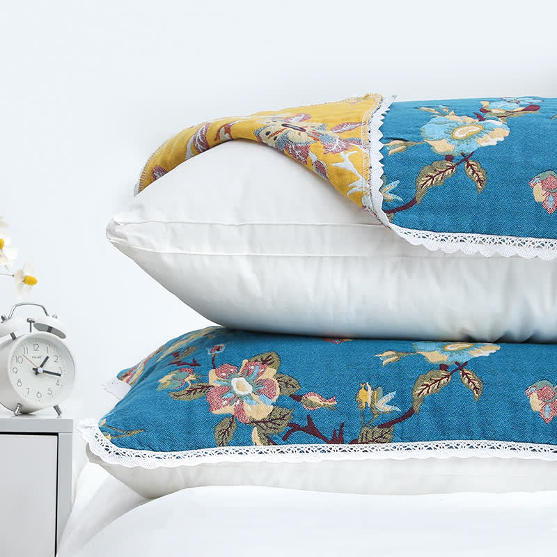 Cotton Pillow Towels | Retro Flower Design | Set of 2