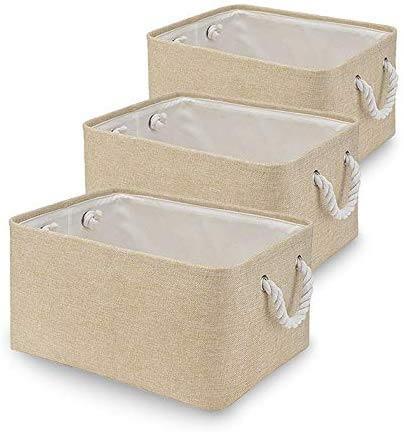 Small Beige Foldable Canvas Storage Baskets | Premium Three-Layer Material | Set of 3