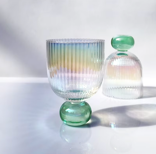 300ml Wine Glasses | Ribbed Texture | Green Base