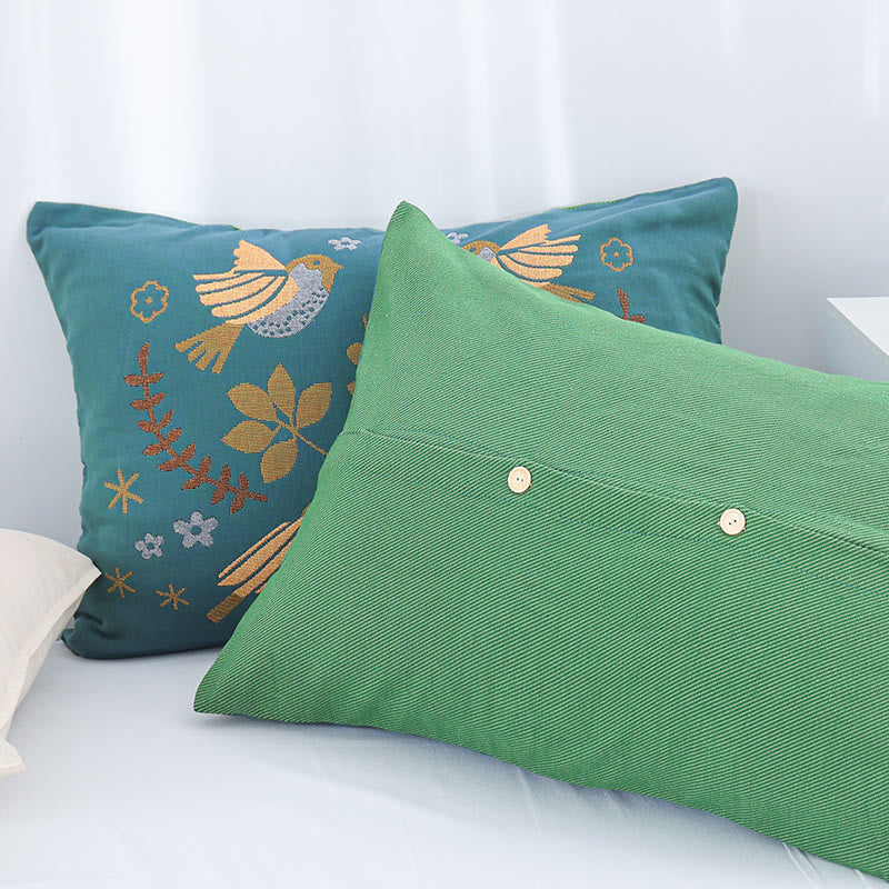 Boho Cotton Pillowcases | Flower and Bird Design | Set of 2