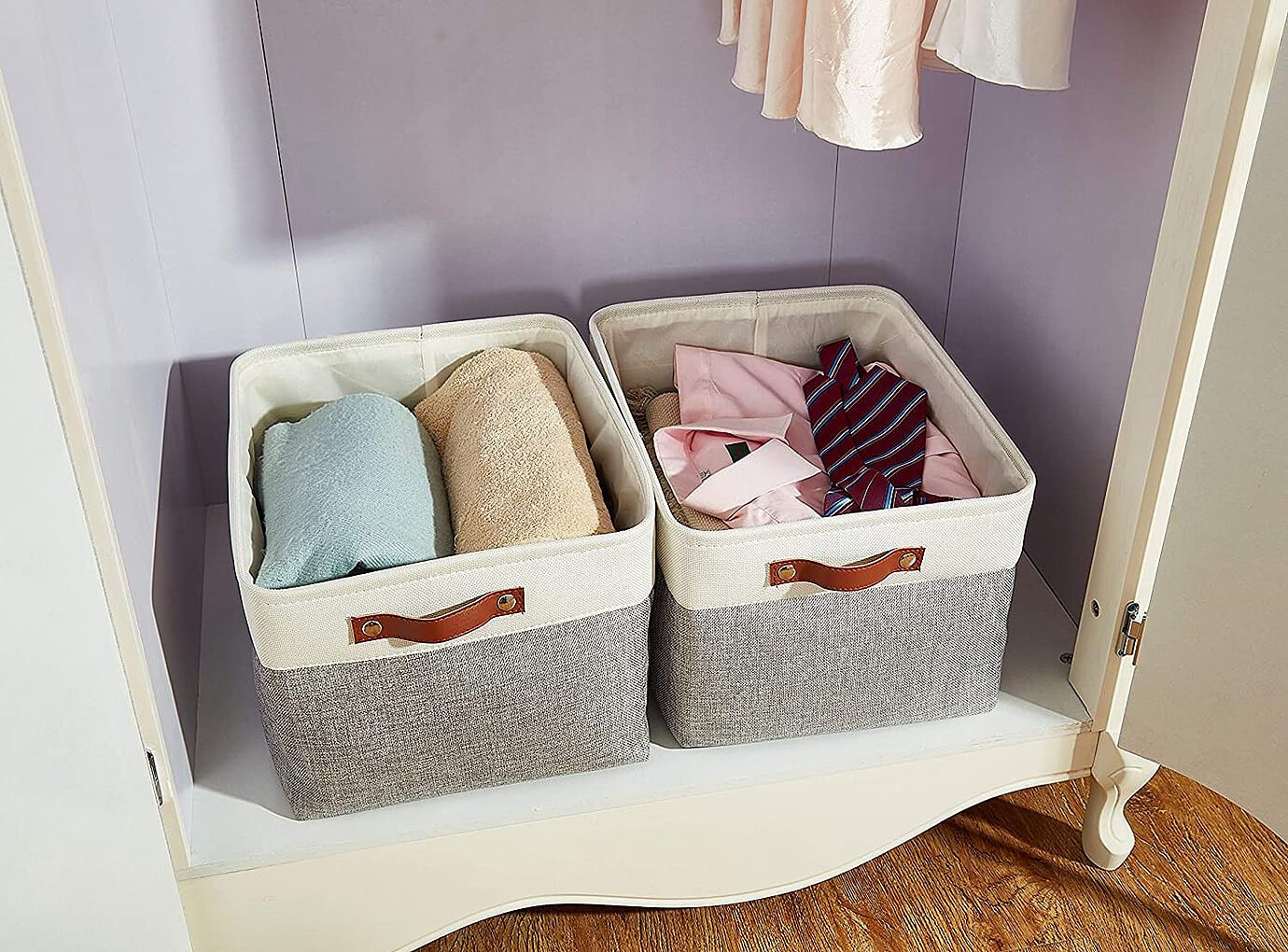 Fabric Storage Boxes | White & Grey | Set of 2