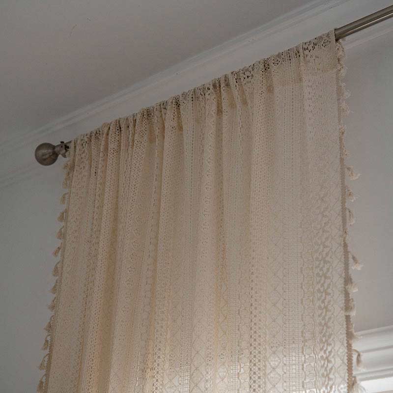 Cotton Beige Bohemian Curtain | Hollow-Out Tassel Design | 1 Piece