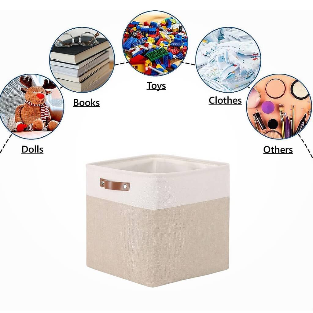 Fabric Storage Boxes | Collapsible with Leather Handles | Set of 3, White & Khaki