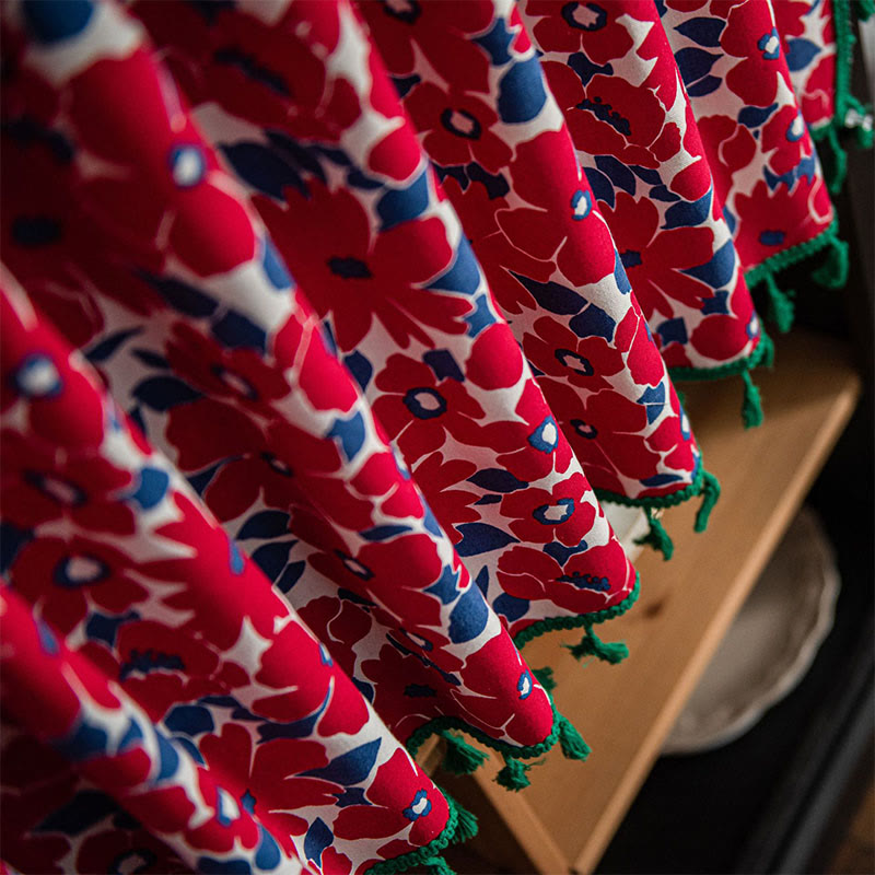 Red Flower Print Tier Curtain | Cotton Linen | 59"W x 17"L, 23"L, or 36"L