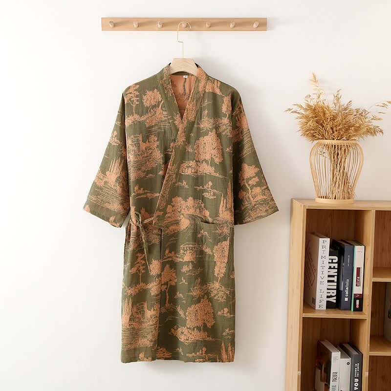 Natural Tree Print Bathrobe | Lightweight Pure Cotton | Unisex Design