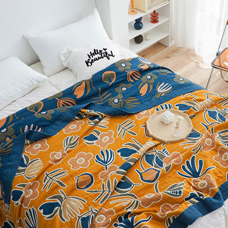 Yellow Flower Sofa Blanket | Soft Cotton Gauze | Reversible Design