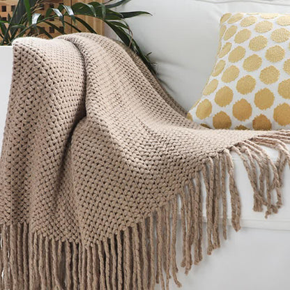 Knit Tassel Blanket | Soft Acrylic Fiber | Solid Color