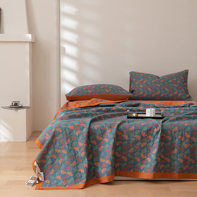 Ginkgo Leaf Pattern Cotton Quilt | Reversible Design | Full/Queen/King Options