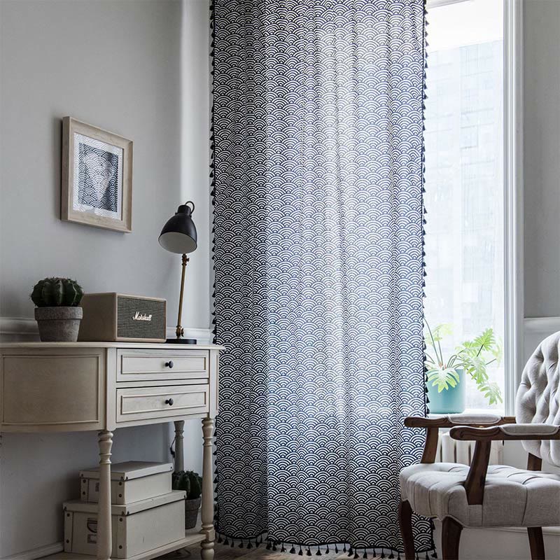 Navy Blue Fish Scale Semi-Blockout Curtain | Soft Cotton Fabric | 59"W x 63"-102"L