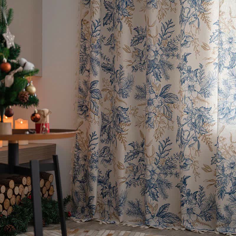 Blue Flower Semi-Blackout Curtain | Cotton and Linen | 1 Piece